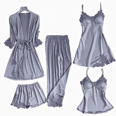 Imagem de HHHJQFAAT Conjunto de pijama feminino de renda de cetim 5 peças com alça top calça roupa de dormir primavera outono pijama roupa de dormir roupa de dormir vestido M-XXL-1_G