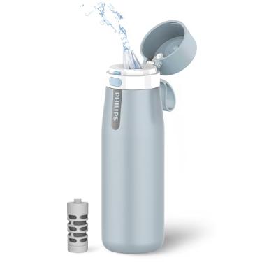 Imagem de Philips Garrafa de água com filtro de aço inoxidável isolado diário GoZero Water, projetada com filtro diário que cabe no canudo para filtrar a água da torneira em água de sabor mais limpa/azul/510 g