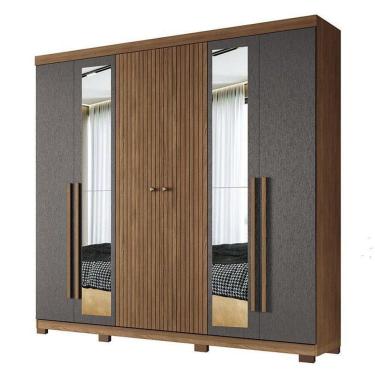 Imagem de Guarda Roupa Casal Ripado 6 Portas Buriti Com Espelho E Pés Jatobá Grafite Acetinado - Santos Andirá