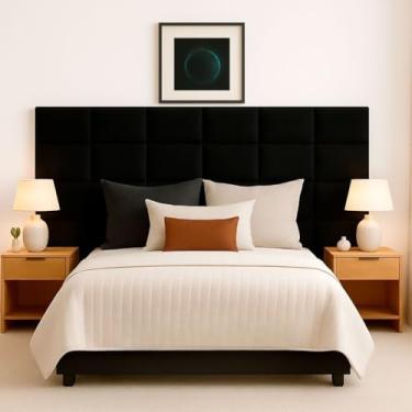 Imagem de Cabeceira Estofada Modular Autocolante 40x30cm Kit 10 Peças para Cama Box Casal Queen King(Preto,QUEEN SIMPLES - 8 MÓDULOS)