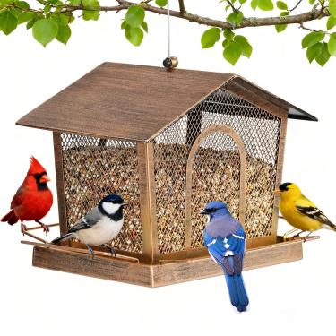 Imagem de LBTING Alimentador de pássaros para uso externo, alimentador de pássaros em forma de casa de metal, à prova de esquilos, à prova de esquilos, para pendurar no jardim ao ar livre - dourado
