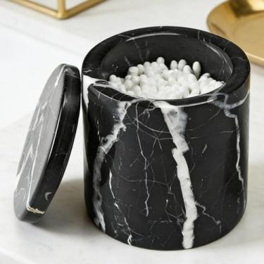 Imagem de Suporte Qtip de mármore com tampa, pote grande de pedra natural preta para bolas de algodão/cotonetes/almofadas/palhetas de fio dental/sais de banho/organizador de armazenamento de maquiagem