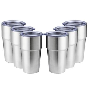 Imagem de MEWAY Caneca de viagem isolada a vácuo de parede dupla de 473 ml, copos de aço inoxidável com tampa, copos de café revestidos em pó para bebidas frias e quentes (prata, pacote com 6)