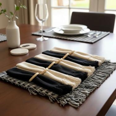 Imagem de Jogo Americano Com Guardanapo De Algodão 6 Lugares Com Franjas Em Tear Mesa Posta Luxo (Diversas Cores) (Preto)