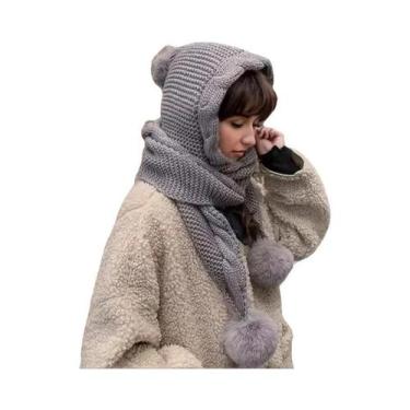 Imagem de Conjunto De Gorro Térmico De Lã Feminino Com Cachecol Integrado E Bala