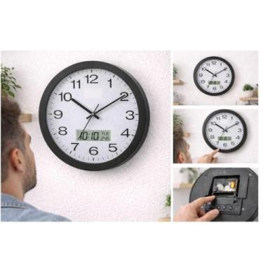 Imagem de Relogio preto analogico parede calendario termometro digital despertad