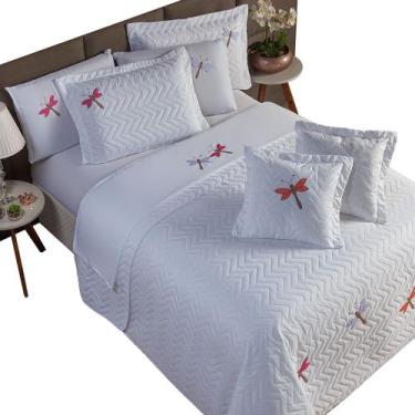 Imagem de Kit 3 Pçs Cobre Leito Casal Padrão Libélula Bordado Cor: Branco - MR E