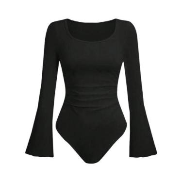 Imagem de Macacão Feminino Plissado De Manga Longa Com Decote Redondo E Detalhes