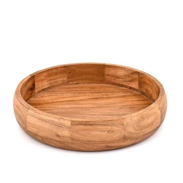 Imagem de Kaizen Casa Tigela redonda de madeira de acácia feita à mão – perfeita para saladas, massas, frutas, lanches e centros de mesa decorativos (25 x 25 x 7 cm)