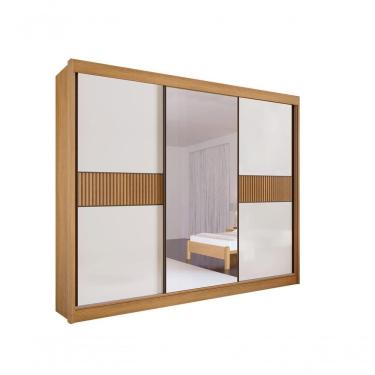 Imagem de Guarda Roupa Casal Ripado Com Espelho Sem Pés Los Angeles 3 Portas 6 Gavetas - D' Doro Cinamomo/off White/ripado