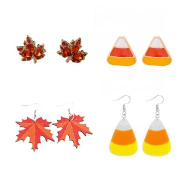 Imagem de Conjunto de 4 pares de brincos femininos de outono de Ação de Graças – Brincos de outono em forma de folha de bordo para sobremesa e brincos para presente de festa de Ação de Graças