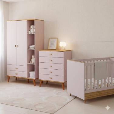 Imagem de Conjunto Infantil Bartira Ternura: Guarda-Roupa, Cômoda, Berço 2 em 1 e Colchão Herval D18