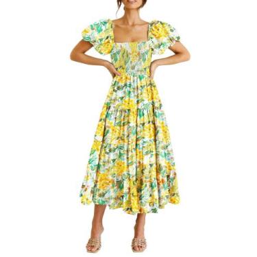 Imagem de Vestido Midi Amarelo Floral PRETTYGARDEN com Decote Quadrado e Lastex 
