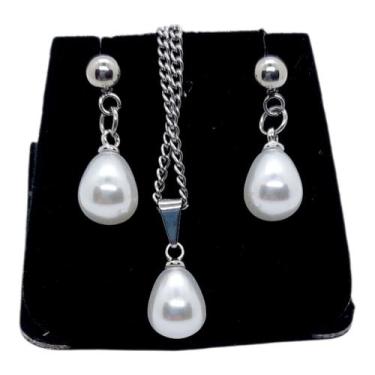 Imagem de Conjunto Feminino Colar Brinco Aço Inox Pérola Gota Dágua - ASA