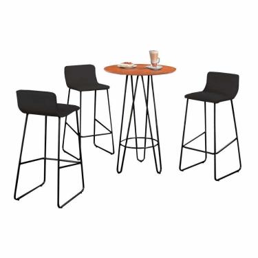 Imagem de Conjunto Mesa Bistrô Dubai Tampo Madeira Com 3 Banquetas Em Couro Preto E Metal Preto