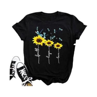 Imagem de Camiseta Feminina Preta Com Estampa De Borboleta E Girassol Kawaii, Co