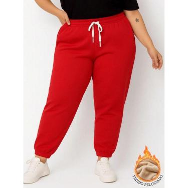 Imagem de Calça de Moletom Feminina Plus Size Jogger Tecido Flanelado com Bolso Vermelho-Feminino