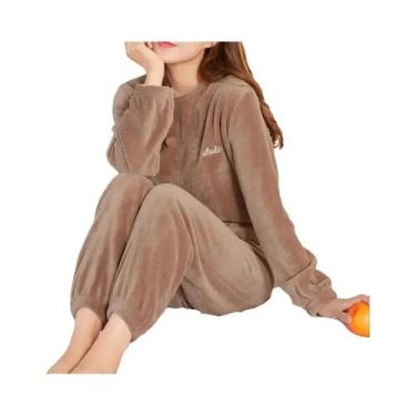 Imagem de Conjunto De Pijama Feminino De Veludo Quente Com Blusa Solta E Calças 