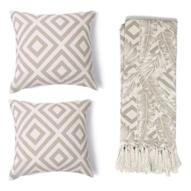 Imagem de Kit 1 manta Rústica e 2 Capas de Almofada para Sofá Folhagem Geométric