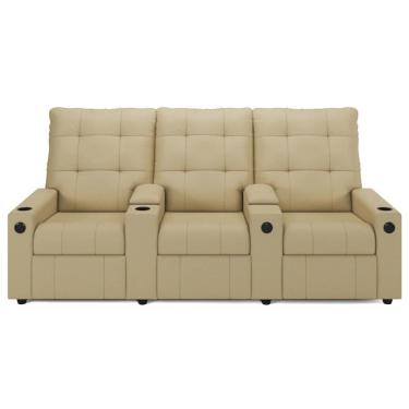 Imagem de Poltrona de Cinema Reclinável 3 Lugares Baú Usb Mallie Fh9 Pu Bege - Mpozenato