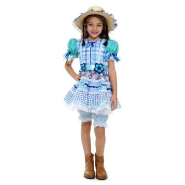 Imagem de Vestido Festa Junina Infantil Azul Xadrez com Culote e Chapéu - Sulame