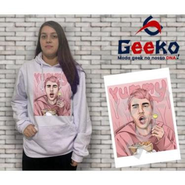 Imagem de Moletom Canguru Feminino Justin Bieber Yummy Geeko, Branco fundo rosa,