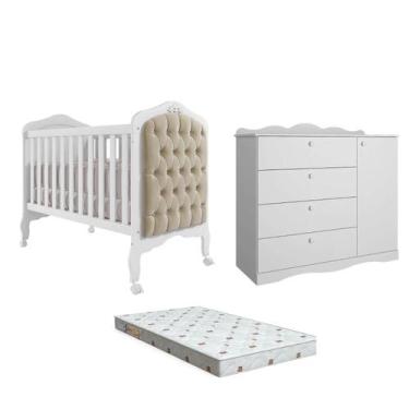 Imagem de Quarto Bebê Berço e Cômoda Canto Dorabelly +Colchão Capitonê - Branco 