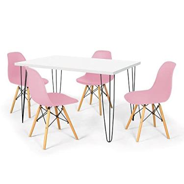 Imagem de Conjunto Mesa de Jantar Hairpin 130x80 Branca com 4 Cadeiras Eames Eiffel - Rosa