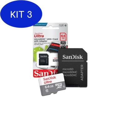 Imagem de Kit 3 Cartão De Memória Sd Ultra 64Gb Sandisk 80 Mb/S
