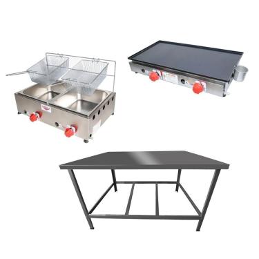 Imagem de Kit Lanchonete Mesa de Manipulação 100x55cm + Fritadeira a Gás 2 Cuba + Chapa a Gás 60cm Alcamar