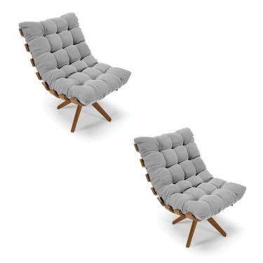 Imagem de Kit 2 Poltronas Giratória Suede Cinza Base Madeira - D`rossi