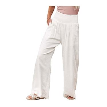 Imagem de bestgift Calça feminina de linho de algodão plus size perna larga cintura elástica, Branco, GG