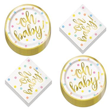 Imagem de Oh Baby branco e dourado neutro para festa de chá de bebê, pratos de sobremesa de papel e guardanapos de bebidas (serve 16)