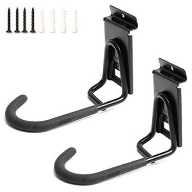 Imagem de Ganchos de mangueira Slatwall, ferramenta de armazenamento de garagem resistente, suporte duplo, organizador para bicicleta, escadas de bicicleta e cadeiras dobráveis (pacote com 2, preto) (gancho de bicicleta)