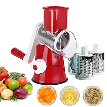 Imagem de fatiador de vegetais, cortador de frutas vegetais multifunções cortador de queijo com 3 lâminas rotativas de aço inoxidável para moer, cortar seda, fatiar