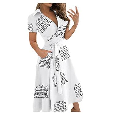 Imagem de UIFLQXX Vestidos de verão 2023 com decote em V e laço longo vestido fino feminino envoltório moda quadris body estampado vestido feminino manga curta, Branco, XXG