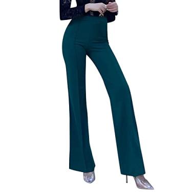 Imagem de Calça flare feminina plus size cintura alta jeans de verão calça social de algodão leve para trabalho, Verde, M