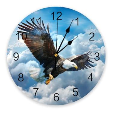 Imagem de Relógio de parede águia patriótico operado por bateria relógio de parede silencioso sem tique-taque 25 cm céu azul nuvem relógios de parede redondos dia da independência decorativo para sala de estar,