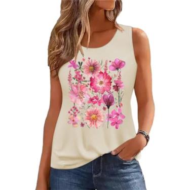 Imagem de Camiseta regata feminina de verão, sem mangas, estampa de flores vintage, boêmio, cottagecore flores silvestres, D-bege, M