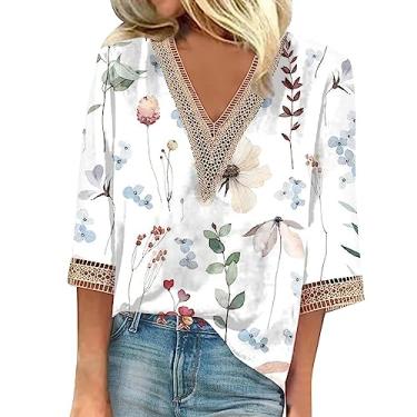Imagem de Camisetas femininas de verão manga 3/4 com decote em V floral 2024, camisetas femininas casuais com acabamento em renda, blusas femininas elegantes e casuais, Cinza 132, 3G