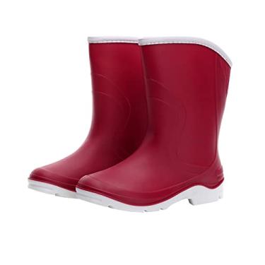 Imagem de Botas de chuva femininas Kontai meia panturrilha de borracha e tornozelo 2 cores à prova d'água para chuva no jardim, bico redondo, Vermelho, 9