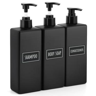 Imagem de Segbeauty Dispensador de sabão preto fosco, pacote com 3 frascos de xampu e condicionador recarregáveis de 500 ml, conjunto de dispensador de sabonete de banheiro quadrado de plástico vazio de 500 ml