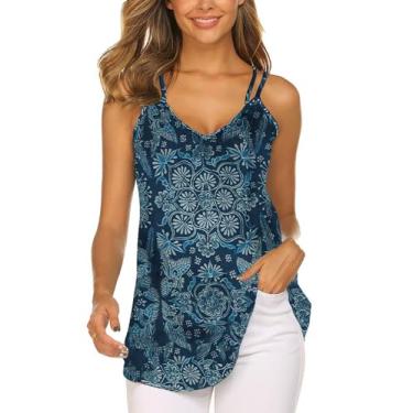 Imagem de Supnier Camisetas femininas casuais de verão com alças finas, estampa floral, sem mangas, gola V e tiras, Azul boho, XXG