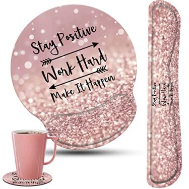 Imagem de Conjunto de descanso de pulso para teclado e mouse pad com porta-copos, mantenha o trabalho positivo e faça acontecer em ouro rosa com glitter e base de poliuretano antiderrapante para computador,