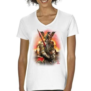 Imagem de Camiseta feminina Apocalypse Reaper gola V fantasia esqueleto cavaleiro com uma espada medieval lendária criatura dragão bruxo, Branco, M