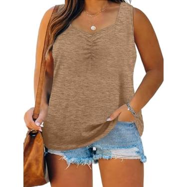 Imagem de Bigeoosh Camisetas regatas plus size para o verão, sem mangas, gola coração, casual, túnica, Caqui, G Plus Size
