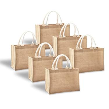 Imagem de Sacolas de juta, YACEYACE 36,8 x 17,0 cm x 25,8 cm Pacote com 6 sacolas de juta com alças Saco de compras Resuabale Saco de presente de juta Saco de presente de estopa para DIY, compras, praia, piscina, bolsa de boas-vindas de casamento