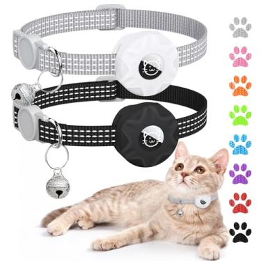 Imagem de Hoeraonr Coleira para gatos AirTag, coleira reflexiva para gatos Apple Air Tag, coleira GPS para gatos com suporte de AirTag e sino, coleiras leves para gatos e meninos (preto/cinza)