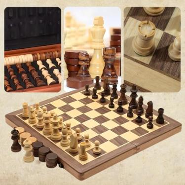 Imagem de Tabuleiro Jogo Xadrez e Damas 2 em 1 Clássico Profissional Grande Luxo Tabuleiro Peças 100% Madeira Reflorestada Acabamento em Verniz com Par de Rainhas Extras