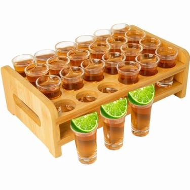 Imagem de Supwinnet Conjunto de 24 copos de shot de 15 ml, mini copos de shot de 15 ml com suporte de bandeja organizador de copos de vidro transparente de base grossa para festa clube bar conjunto de 24